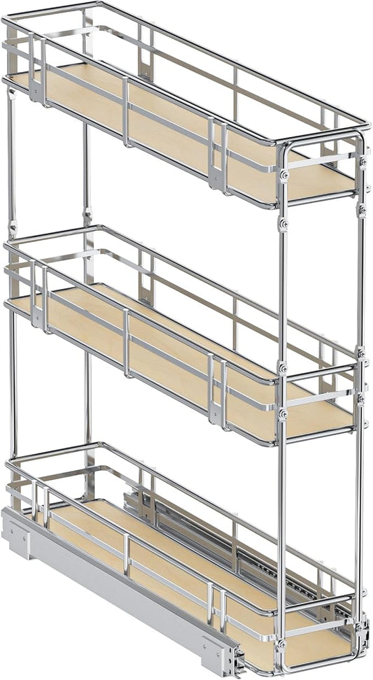6" W x 20.5" D 3-Tier Pull Out Spice Rack Organizer, Solid Wood Base Slide Out Cabinet Shelf for Narrow Kitchen Cabinets, Chrome Pantry Storage