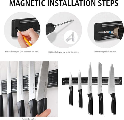 6-Piece Black Knife Set with Magnetic Strip for Wall, Ultra Sharp Magnetic Knives Set for Kitchen, Dishwasher Safe Small Knife Set for Meat Vegetable Cutting