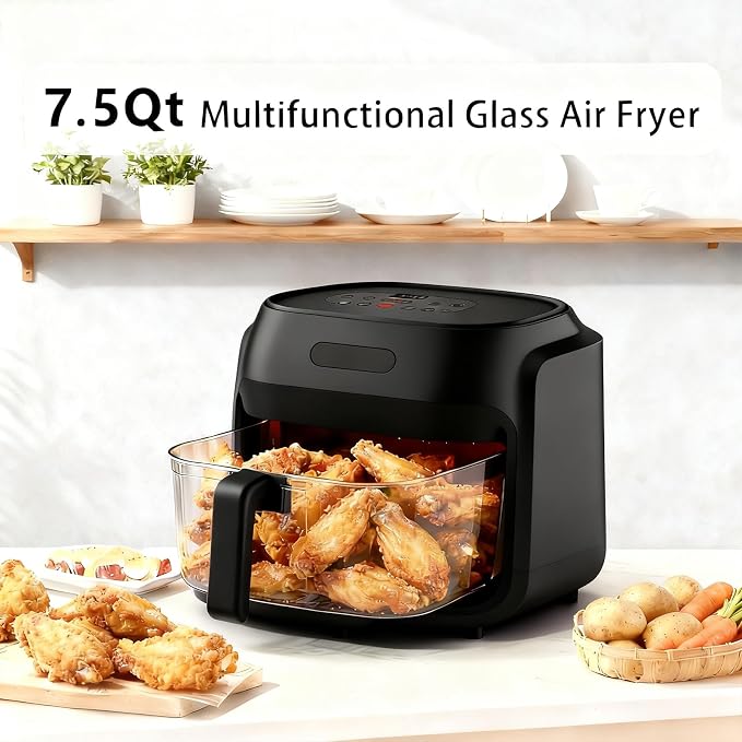 7.3QT Glass Air Fryer with See-Through Bowl, 360° Hot Air Circulation, 5 Presets, 1200W Fast Heating, Dishwasher Safe (Black)