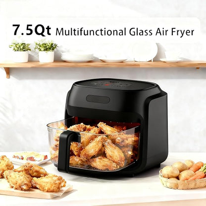7.3QT Glass Air Fryer with See-Through Bowl, 360° Hot Air Circulation, 5 Presets, 1200W Fast Heating, Dishwasher Safe (Black)