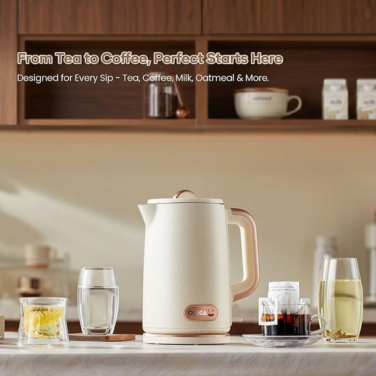 OLEGA Electric Kettle: 1200W Fast Boil Electric Water Kettles, 1.5L Double Wall Stainless Steel Tea Kettle, Auto Shut-Off, BPA-Free Hot Water Boiler Teapot for Coffee & Tea -Beige