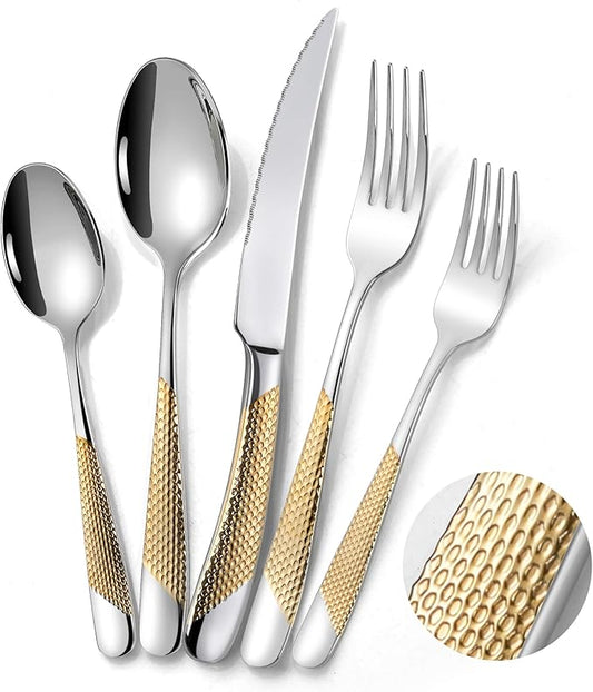 Lemeya 20-Piece Hammered Silver Gold Silverware Set for 4,18/10 Stainless Steel Flatware Set with Serrated Forged Knives,Heavy Duty Cutlery Set for Home & Party,Mirror Polished, Dishwasher Safe