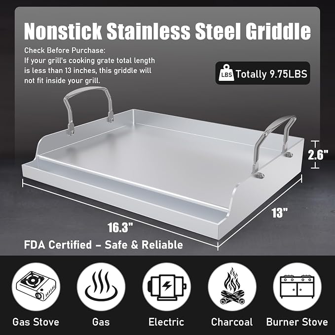 Nonstick Stainless Steel Griddle for Gas Grill Nanoceramic Griddle for Gas Top Stove 17" x 13" Flat Top Plate Cooking Skillet Pan Teppanyaki for Camping Outdoor Tailgating Plancha Para Cocinar
