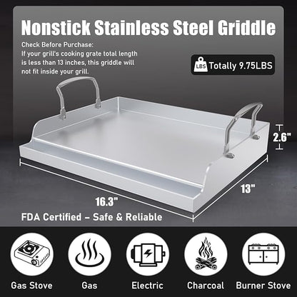 Nonstick Stainless Steel Griddle for Gas Grill Nanoceramic Griddle for Gas Top Stove 17" x 13" Flat Top Plate Cooking Skillet Pan Teppanyaki for Camping Outdoor Tailgating Plancha Para Cocinar