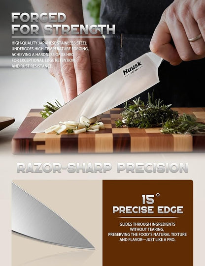 Huusk Knife Set with Block - 14 Pieces Japanese Stainless Steel Knives Blocks Set for Kitchen with Ergonomic Ivory White Handle Natural Wood Block Housewarming Gift for Women Men