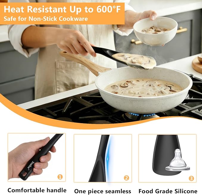 Scoop Spoon for Nonstick Cookwares, Multifunction Silicone Spatula Spoons BPA Free, Spurtle Spatulas for Mixing, Scooping, Scraping and Serving (2 Black, 12.6 inch)