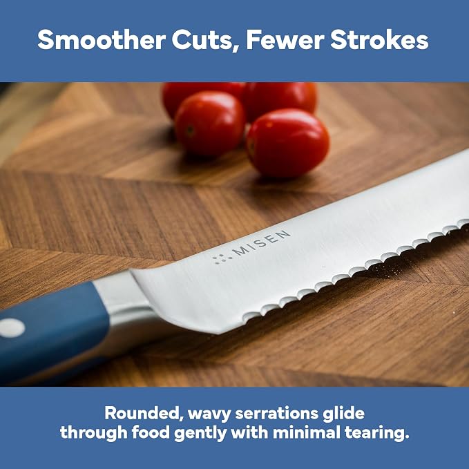 Misen Serrated Bread Knife - High-Carbon Japanese AUS8 Steel - Perfect for Soft Foods, Bread, Pastries, and Fruits - Verstatile Slicer, Razor-Sharp Edge, Durable Blade, Ergonomic Handle - 8", Blue