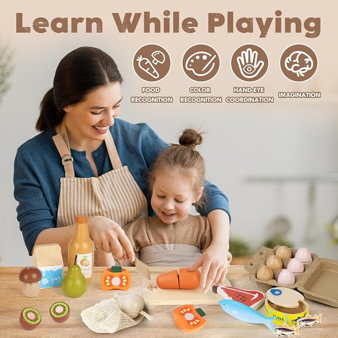 Lehoo Castle Wooden Play Food Sets for Kids Kitchen, Food Toys for Toddlers 1-3, Pretend Food Play Kitchen Accessories, Cutting Fruits Vegetables Cooking Toys Gift for Boys Girls 3 4 5 +