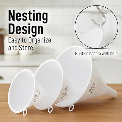 Zulay Kitchen 3-Piece Plastic Funnel Set - Large, Medium, and Small Kitchen Funnels Pouring Spout - for Filling Bottles Water Liquid, Protein Powder, Food Grade Cooking, Drink, Paint, Lotion, Kids