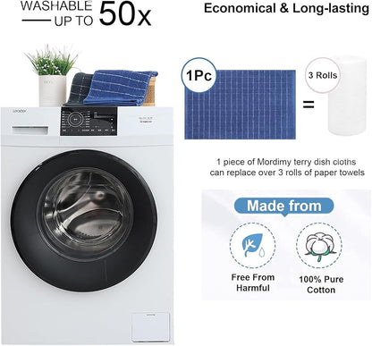 Mordimy 100% Cotton Terry Cloth Kitchen Towels, Super Soft and Absorbent Dish Towels for Drying, Checkered Designed Hand Towels for Kitchen, 13 x 28 Inches, 4 Pack, Navy Blue