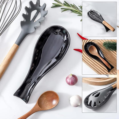 Ceramic Spoon Rest for Stove Top, Large 8.7 Inch Spoon Holder for Kitchen Counter, Porcelain Utensil Rest for Ladle, Spatula, Housewarming Gifts, Dishwasher Safe and Heat-Resistant, Black (1 PC)