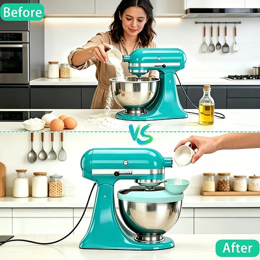 Flour Funnel with Pouring Shield for KitchenAid 4.5-6QT Mixer, Silicone Splash Guard with Flour Funnel for Kitchen Aid Mixer Tilt-Head and Bowl-Lift, Dishwasher Safe Baking Tool (Aqua Sky)