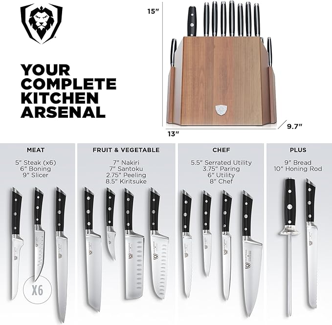 Dalstrong 18-Piece Gladiator Colossal Knife Block Set — German High-Carbon Steel, Full-Tang, Hand-Sharpened — For Home Chefs, Wedding Registries & Serious Kitchens — Acacia Wood Block, NSF Certified