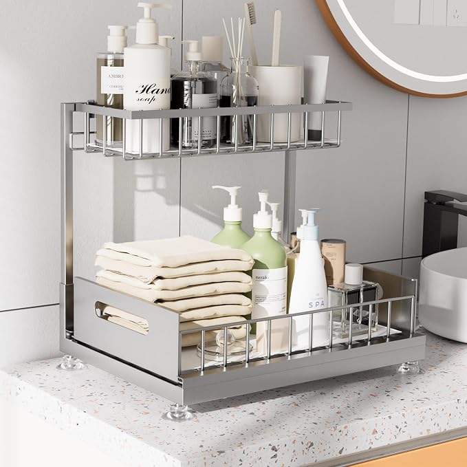 Saydear Under Sink Organizer Storage 2-Tier Premium Metal Pull-Out Kitchen Cabinet Organizer with Sliding Drawer, Height Adjustable, Heavy Duty for Kitchen & Bathroom Organizers 1 Pack Grey