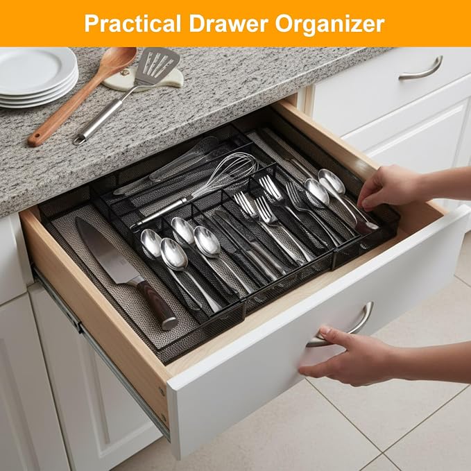 1 Pcs Utensil Drawer Silverware Organizer, Metal Mesh Expandable 13" ~24" Kitchen Drawer Organizer, 7-9 Slots Cutlery Tray Dividers for Kitchen Flatware Christmas Housewarming Gift (Black)