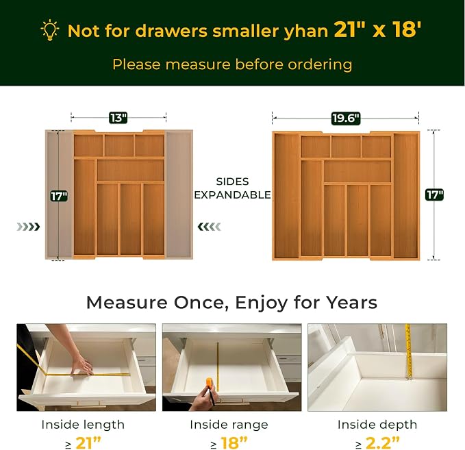 keechee 6-Piece Bamboo Drawer Organizer Set, 2.2" Deep Multi-Use Organizers for Utensils, Silverware, Cutlery, Desk, Bathroom, Junk Drawer & Makeup, Non-Slip Feet Included.