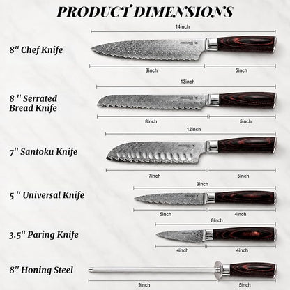 6 Piece Japanese Damascus Knife Set, Professional Chef Knife Set with VG10 Steel Core, Ultra Sharp 67-Layer Kitchen Knives, Pakkawood Handle Gift Box