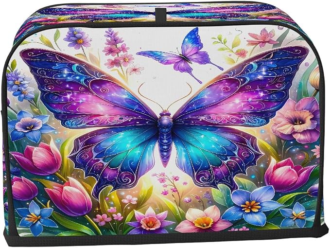 Flower Butterfly Toaster Cover 2 Slice Wide Slot Washable Toaster Covers | Spring Art Dust and Fingerprint Protection Bread Maker Covers for Kitchen Accessories Decor Bakeware Women Gift