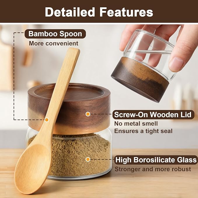 Glass Jars with Airtight Lid, 4 Pack 3oz 80ml Spice Jars with Wooden Lids, Screw Top Covers Glass Coffee Canisters, Small Storage Containers for Sugar, Loose Tea, Beans, Nuts, Candy, Sauce