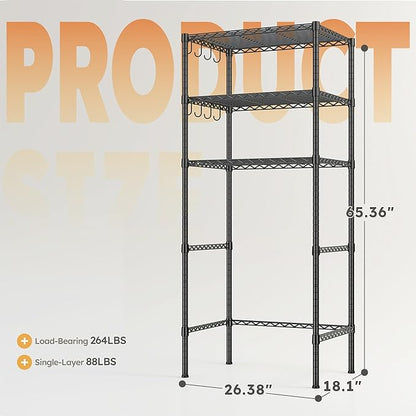 REIBII 3-Tier Mini Fridge Shelf with Storage, 264LBS Metal Shelving with 8 Hooks, Adjustable Height Organizer for Dorm, Kitchen, Apartment & Office, Microwave Rack, 26.38" Wx18.1 Dx65.36 H, Black