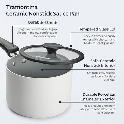 Tramontina Ceramic Non Stick 6-Piece Nesting Sauce Pan Set with Lids - Stackable Nonstick Cookware Set, Dishwasher and Oven Safe, White