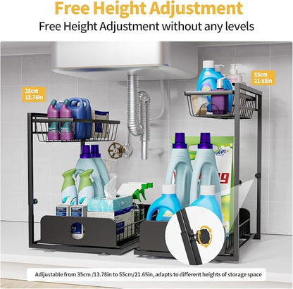 2 Pack Under Sink Organizers, Height Adjustable Under Sink Organizers And Storage, 2 Tier Pull Out Drawer Sturdy Metal Cabinet Organizer For Kitchen Bathroom Pantry