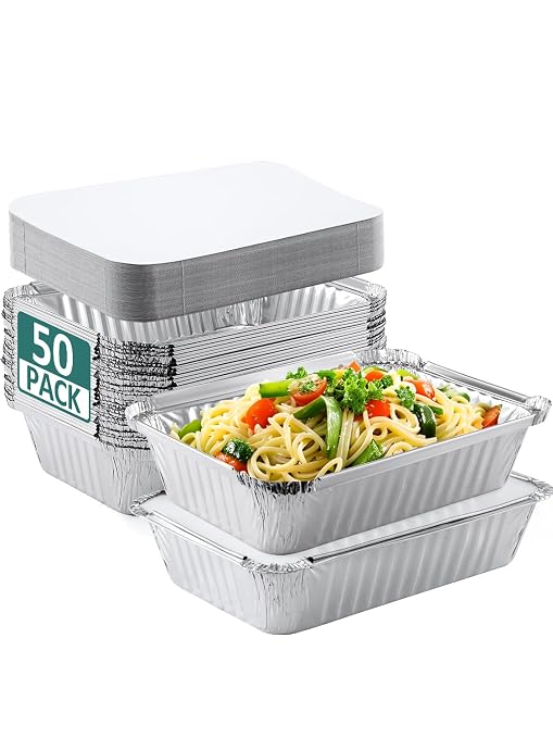 NEEBAKE 50 Pack 8x6 Disposable Aluminum Pans with Lids Aluminum-Foil-Pans-Tin-Foil-Baking-Pans-Tin-Trays-Food-To-Go-Containers-for-Meal-Prep-Cooking-Roasting-Heating-Takeout