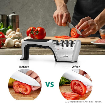 Longzon 5-in-1 Knife Sharpener 4 Stage with Cut-Resistant Glove, Quickly Sharpens & Restores Dull Blades, Easy & Safe for Home Kitchen Use, Fits Most Knives and Scissors, Black+Silver