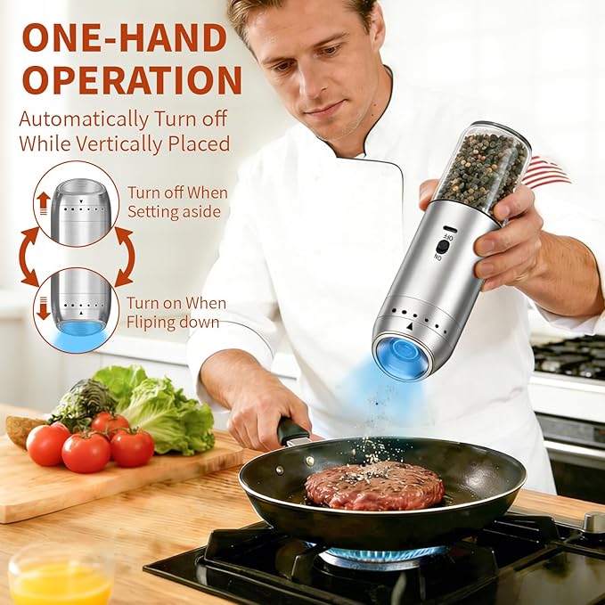 Gravity Salt and Pepper Grinder Set, Automatic Electric Mill Set, Gravity-Sensing, Rechargeable Pepper Grinder Battery Operated, Stainless Steel, Adjustable Coarseness, Kitchen Gadgets Accessories