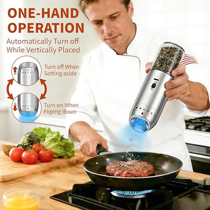 Gravity Salt and Pepper Grinder Set, Automatic Electric Mill Set, Gravity-Sensing, Rechargeable Pepper Grinder Battery Operated, Stainless Steel, Adjustable Coarseness, Kitchen Gadgets Accessories