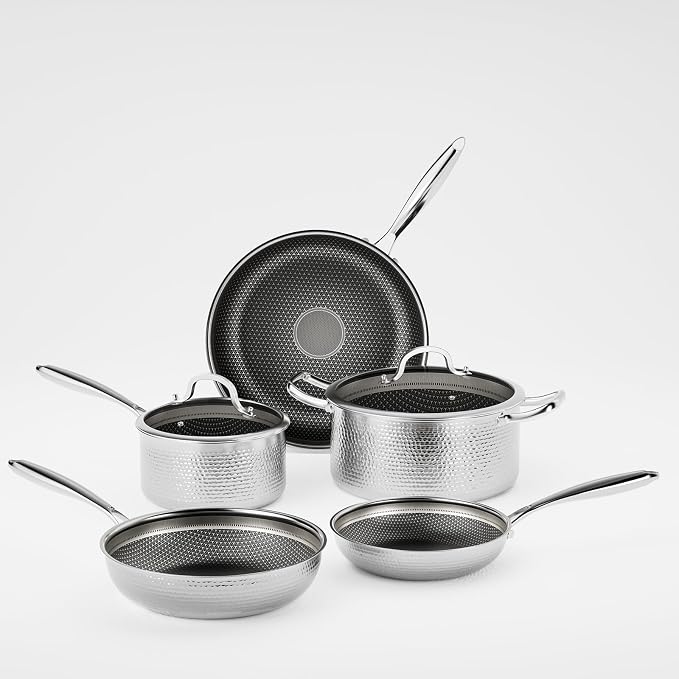 Stainless Steel Nonstick Pots and Pans Set (7 Pcs), PFOA Free, Induction Compatible, Fast & Even Heat, Dishwasher & Oven Safe (500F), 8/10/12" Fry Pans, Saucepan, Stock Pot for Home Cooking