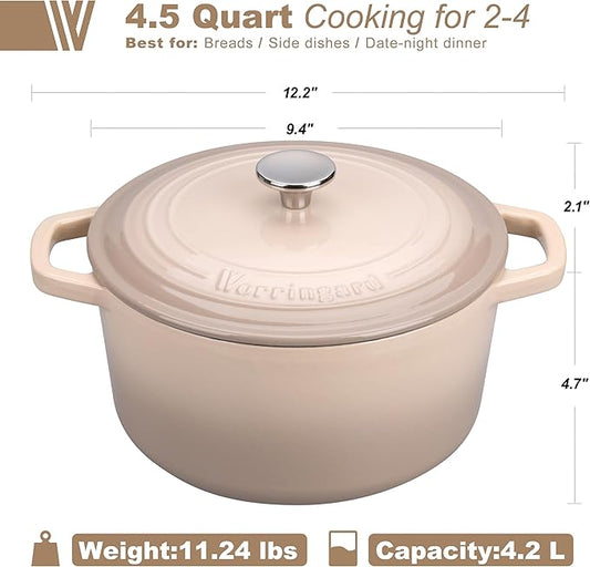 VORRINGARD Enameled Cast Iron Dutch Oven Pot with Lid, for Bread Baking, Round Bread Oven- include Sourdough Bread Baking Supplies Set, 4.5QT, Latte