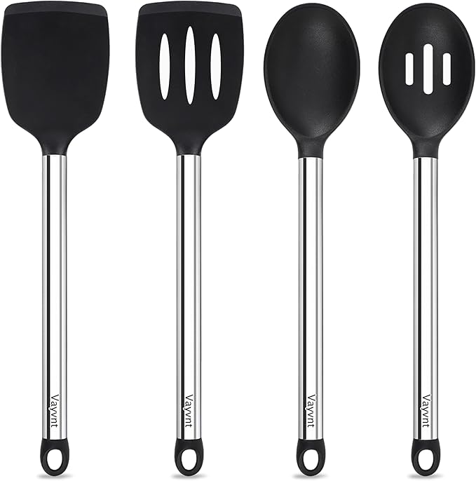 Vayvnt Silicone Cooking Utensils Set for Nonstick Cookware, 4 PCS Kitchen Silicone Spatula and Spoon Set with Stainless Steel Handle, Heat Resistant Kitchen Utensils, Dishwasher Safe, Black