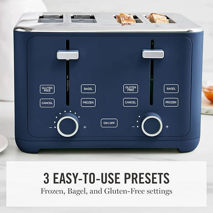 Martha Stewart 4 Slice Toaster, 10 Shade Settings with Defrost, Cancel, Bagel & Gluten-Free, Extra-Wide Self-Centering Slots for Waffles & Artisan Bread, Removable Crumb Tray, Cord Wrap, 1800W, Indigo