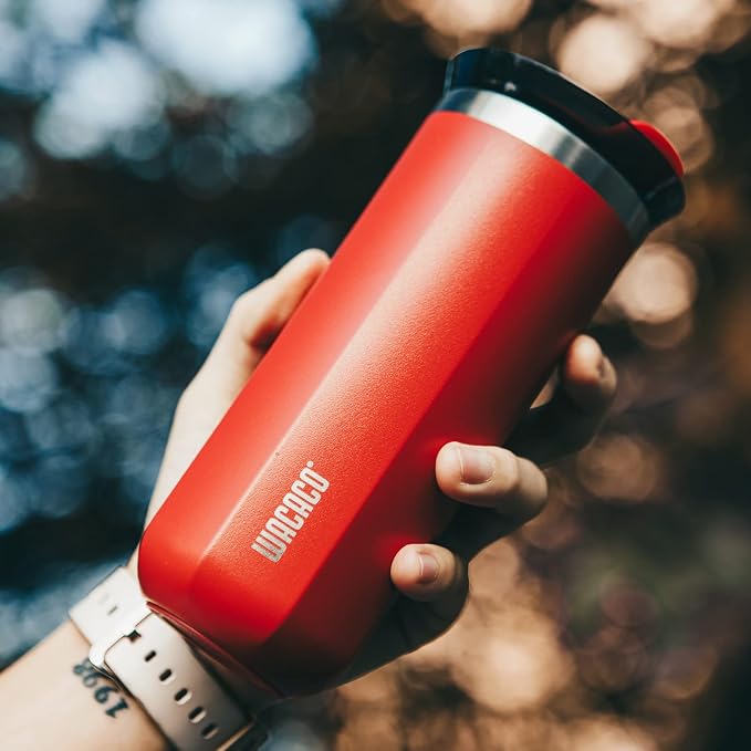 WACACO Octaroma Grande Vacuum Insulated Coffee Mug, 15 fl oz (435ml), Double-wall Stainless Steel Travel Tumbler With Drinking Lid, Carmine Red