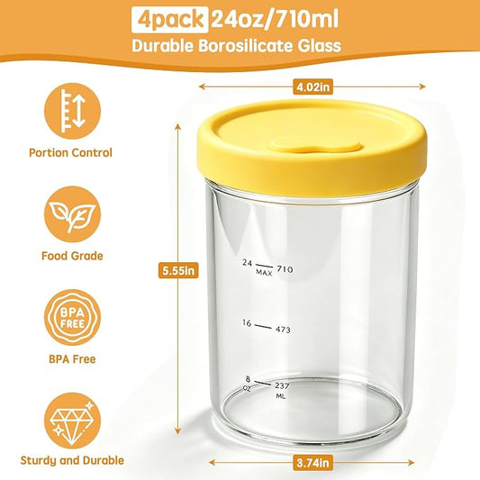 24oz Glass Soup Freezer Containers, 4Pcs Borosilicate Glass Soup Container with Vented Silicone Airtight Lid, Microwave & Freezer Safe Jars, Circular Meal Prep Storage for Stew, Sauc, Leftover