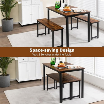 Giantex Dining Table Set for 4, Industrial Kitchen Table Set w/ 2 Benches, Space-Saving Dinette Set for Breakfast Nook, Dining Room, Kitchen, Easy Assembly (Mix Brown)