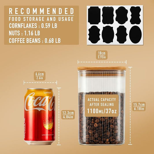 D2scrma 37oz Airtight Glass Square Storage Canisters with Bamboo Lids Set of 4 (1100ml) Striped Stackable Containers, Decorative Kitchen Jars for Tea, Nuts and Coffee (‎with Black Lable)