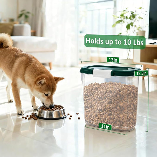 Dark Green Airtight Dog Cat Food Storage Container 10 Lbs - Slim Tall Pet Food Treat Container with Lid, Scoop and Cup - Clear Plastic Dry Food Storage Bin for Dogs, Cats, Bird Seeds, Kibble, Pellets