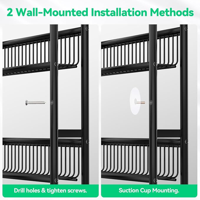 Behind The Door Narrow Bookshelves Pantry Spice Rack 5-Tier Slim Metal Space-Saving Organizer for Bathroom Closet Kitchen Living Room Sturdy Room Laundry Room, Black