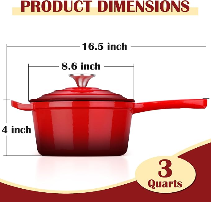E-far Enameled Cast Iron Sauce Pan, 3 Quart Dutch Oven Saucepan with Lid, Small Sauce Pot for Cooking, Boiling, Healthy & Non Toxic, Induction & Oven Safe, Red