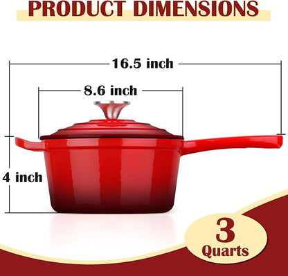 E-far Enameled Cast Iron Sauce Pan, 3 Quart Dutch Oven Saucepan with Lid, Small Sauce Pot for Cooking, Boiling, Healthy & Non Toxic, Induction & Oven Safe, Red