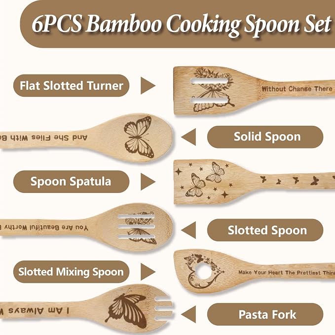 6Pcs 6 Styles Butterfly Wooden Utensils Set for Cooking 11.8 x 2.4 Inch Bamboo Kitchen Spoons Durable Wood Spoons Set for Housewarming Wedding Birthday Gift Farmhouse Apartment Accessories