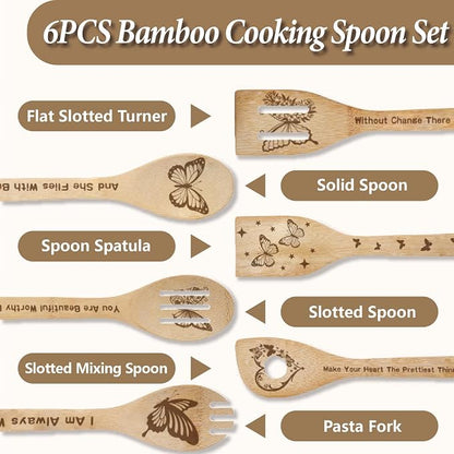 6Pcs 6 Styles Butterfly Wooden Utensils Set for Cooking 11.8 x 2.4 Inch Bamboo Kitchen Spoons Durable Wood Spoons Set for Housewarming Wedding Birthday Gift Farmhouse Apartment Accessories