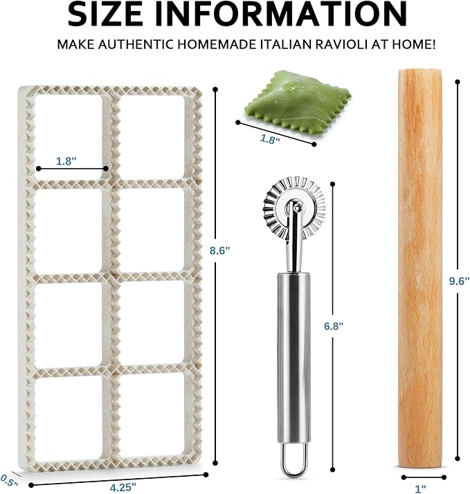 Ravioli Maker Press, Ravioli Press Mold Set - Squares Ravioli Stamp Maker Cutter with Wood Rolling Pin and Ravioli Wheel, Ravioli Stamp Pasta Making Tools | Makes 8 Ravioli, 1.85"