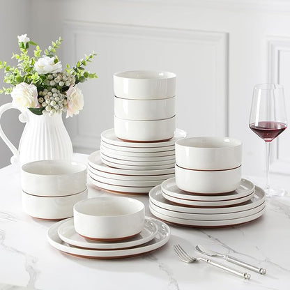 MALACASA Plates and Bowls Sets, 24 Pieces Modern Ceramic Dinnerware Set for 8 Kitchen Stoneware Dishes Dishware Set Microwave and Dishwasher Safe, White, Series TARA