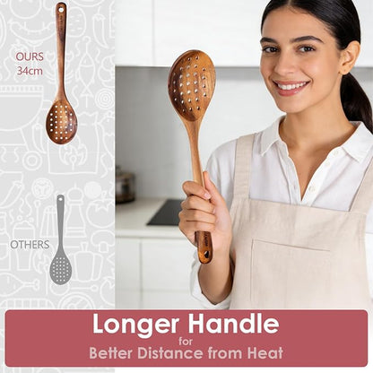 HOWHONG Slotted Spoon Wooden Cooking Utensil, Long Handle Acacia Wood Spoon for Cooking, Draining Spoon for Vegetables Pasta and Frying, Nonstick Cookware Safe, Bare Wood Feel for Daily Kitchen Use