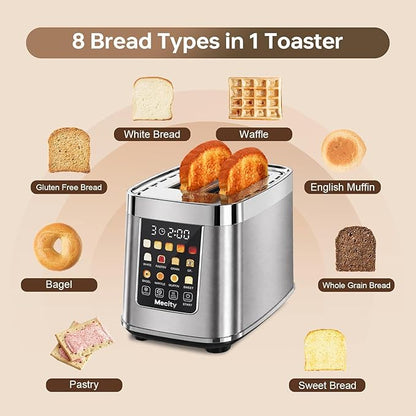 Mecity Motorized Toaster 2 Slice with Touch Screen, Stainless Steel Smart Toaster, 8 Bread Types, 5 Shade Levels, 1200W High Power, Keep Warm Mode, Reheat Defrost Functions, 120V