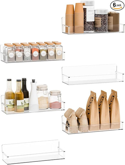 Yieach 6 Pack Acrylic Spice Shelf and Hanging Spice Rack Wall Mount with Adhesive for Inside Cabinets Door,Pantry Door,Kitchen and Rv,Narrow Stick on Spice Organization for Seasoning,Jar,Can Shelf