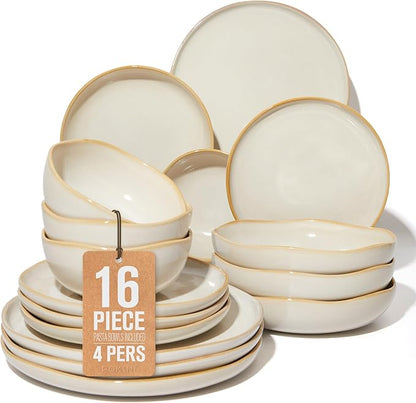 Pokini Plates and Bowls Sets, 16 Pieces Dinnerware Set for 4 with Pasta Bowls, Handmade Dishes Set, Chip Resistant Dishware Sets, Microwave Safe Dinner Set, Designed for Interactive Meal, Yellow White